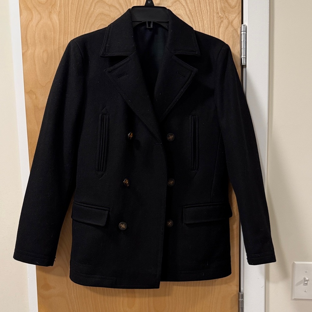LAUREN RALPH LAUREN CLASSIC BLACK WOOL DOUBLE BREASTED PEACOAT, SIZE 14R